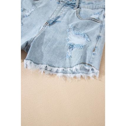 Beau Blue High Rise Distressed Raw Hem Denim Shorts