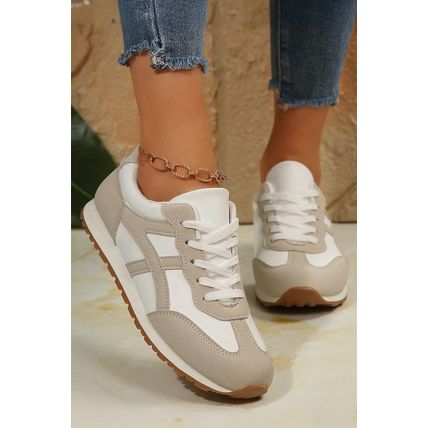 Oatmeal Color Block Lace-up PU Leather Sneakers