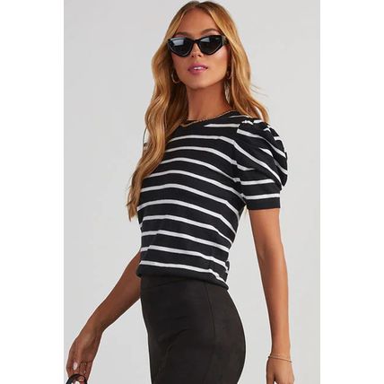 White Stripe Ribbed Trim Round Neck Bubble Sleeve Knitted Top