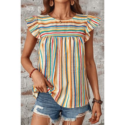 Multicolour Vibrant Stripes Printed Flutter Sleeve Babydoll Blouse