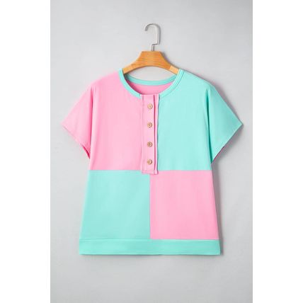 Mint Green Colorblock Patchwork Short Sleeve Buttons Plus Size Henley Top