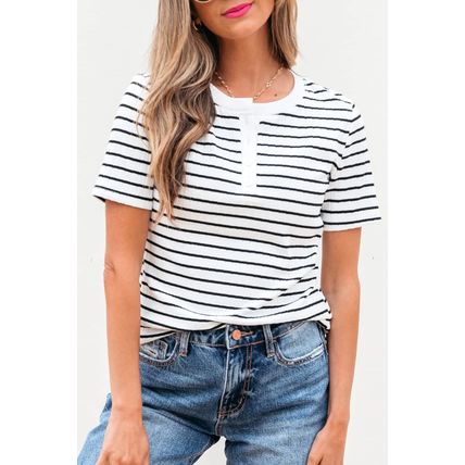 White Stripe Textured Short Sleeve Buttoned Henley Top