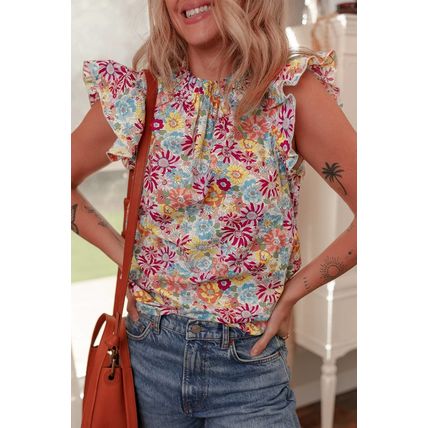 Multicolour Floral Pleated Detail Flutter Sleeve Blouse