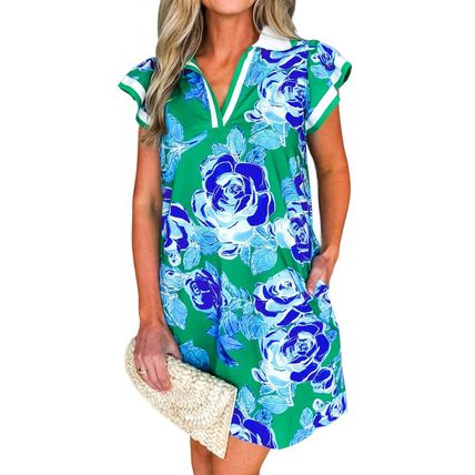 Bright Green Contrast Floral Print Collared V Neckline Ruffled Cap Sleeve Shift