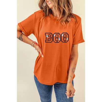 Orange BOO Halloween Ghost Spider Embroidered Graphic Tee