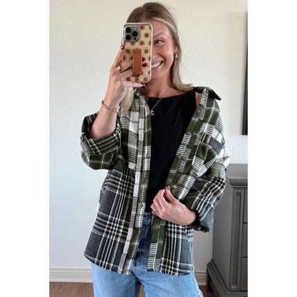 Black Plaid Print Textured Knit Buttoned Shacket