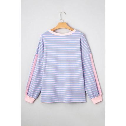 Sky Blue Stripe Oversize Contrast Trim Drop Shoulder Casual Top