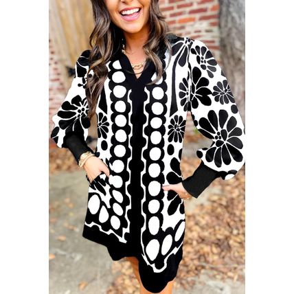 Black Polka Dot Floral Printed V Neck Long Sleeve Shift Mini Dress