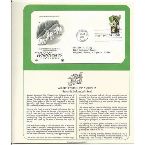 WILDFLOWERS OF AMERICA : SOLOMAN SEAL 'OFFICIAL FIRST DAY of ISSUE ' (1992)