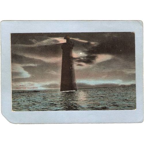 MA Boston Harbor Lighthouse Postcard Minot's Light At Night lighthouse_box~474