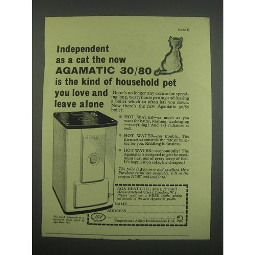 1955 AGA 30/80 Hot Water Heater Ad - Independent as a cat the new Agamatic