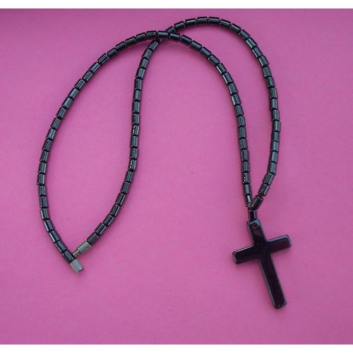 Hematite Cross Choker Necklace Figure Jesus Jewelry 15.5 Inch