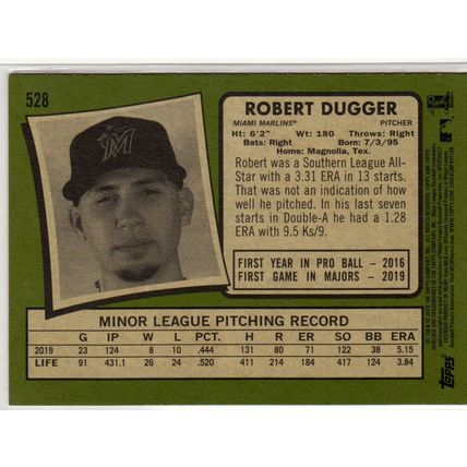 2020 Heritage High Number baseball card 528 Robert Dugger - Miami Marlins RC