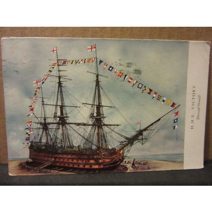 H.M.S VICTORY, PORTSMOUTH used vintage postcard by Gale & Polden 1954 pm =
