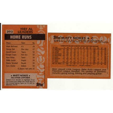 Two 1988 Topps Matt Nokes RC baseball rookie cards #645 & #393 All Star