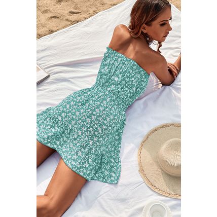 Women's Strapless BOHO Beach Floral Dresses Summer Holiday Mini Dress Sundress