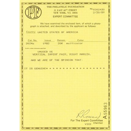 2024a, Mint 20¢ VF NH - Imperforate Error Pair With PFC - Stuart Katz