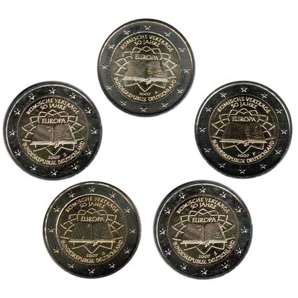 Germany 2007 - 5 x 2 Euro Treaty of Rome Coins in a Wooden Presentation Case