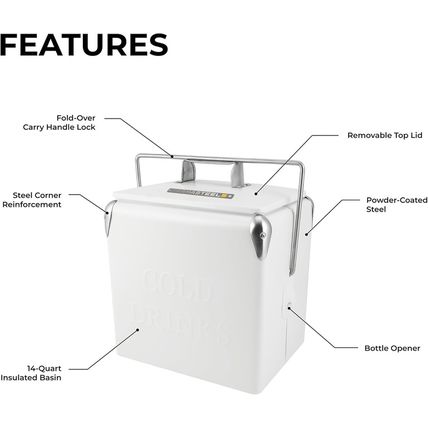 Permasteel Retro Vintage 14-Qt Portable Ice Chest, Hard Metal Beverage Cooler, P