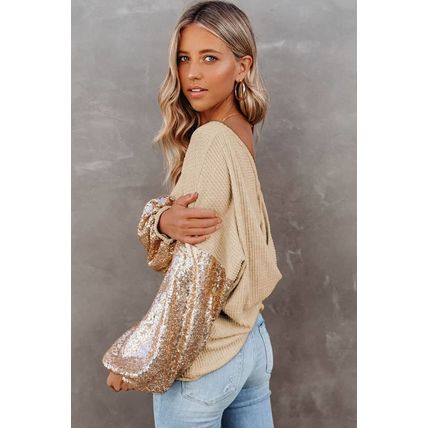 Apricot Sequin Patchwork Sleeve Open Back Waffle Knit Top