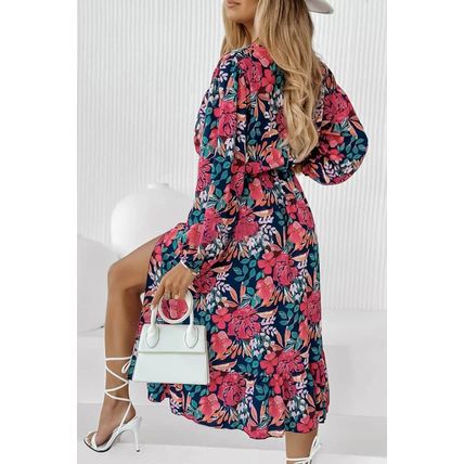 Red V Neck Elastic High Waist Split Floral Dress