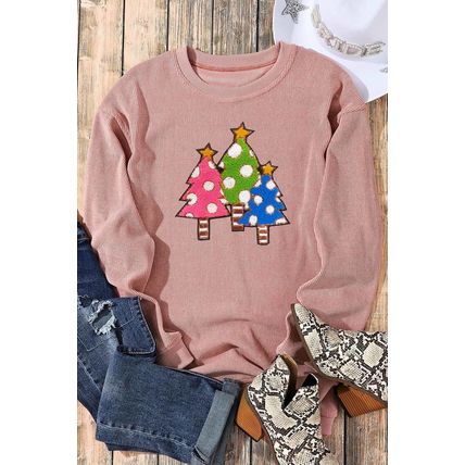 Pink Vintage Wash Sequined Christmas Tree Corded Sweatshirt