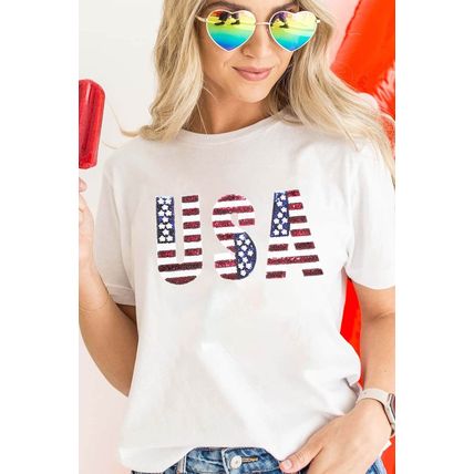 White USA Flag Sequin Patched Round Neck T Shirt