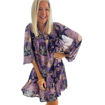 Purple Vintage Daisy Floral Puff Sleeve Ruffle Short Dress