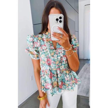 Multicolour Notched Neck Puff Short Sleeve Floral Blouse