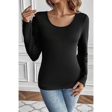 Black Solid Scoop Neck Slim Fit Thermal Top