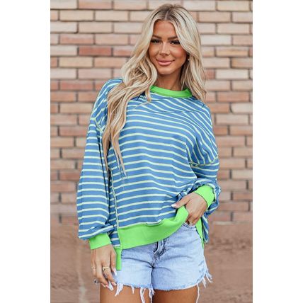 Sky Blue Stripe Contrast Trim High Low Pullover Tunic Sweatshirt