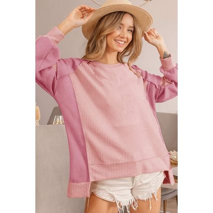 Apricot Pink Color Block Waffle High Low Raglan Sleeve Sweatshirt