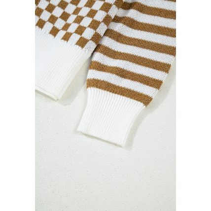 Brown Checkered Striped Patched Buttoned V Neck Cardigan