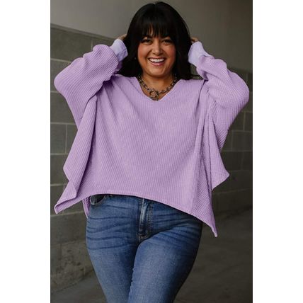 Orchid Petal Plus Size Waffle Knit Exposed Seam Flowy Top