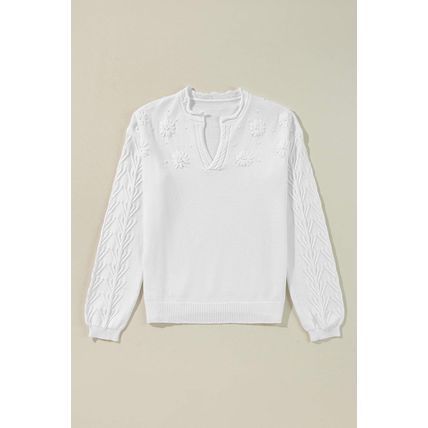 White Flower Detail Knitted Notched Neck Sweater