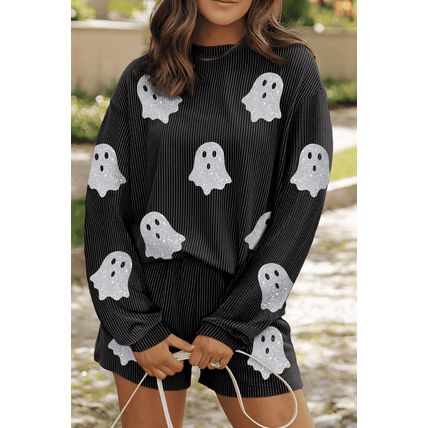 Carbon Grey Halloween Ghost Graphic Corded Pullover and Shorts Two Piece Set