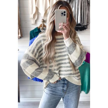 Gray Stripe Drop Shoulder Crew Neck Sweater