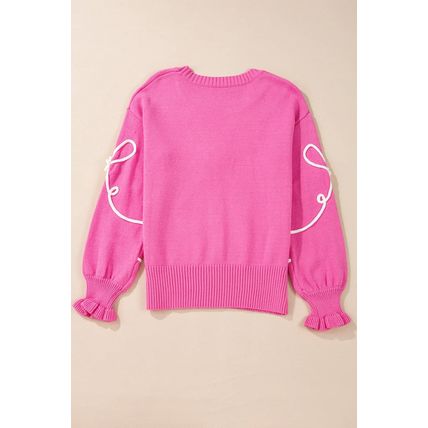 Bright Pink Corded Flower Bow Ribbed Trim Casual Sweater