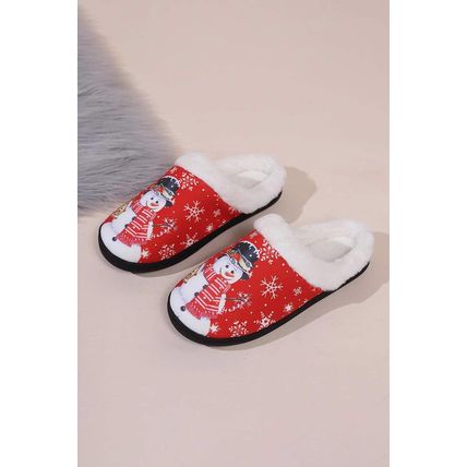 Fiery Red Christmas Snowman Print Plush Home Slippers