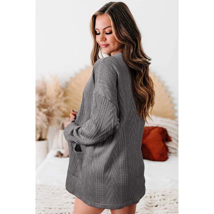 Medium Grey Solid Textured Open Front Cardigan with Pocket
