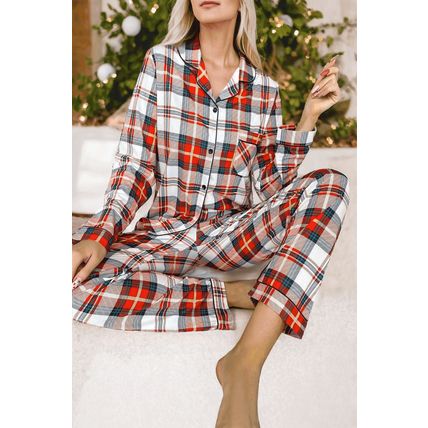 Red Christmas Plaid Print Two Piece Long Sleeve Pajamas Set