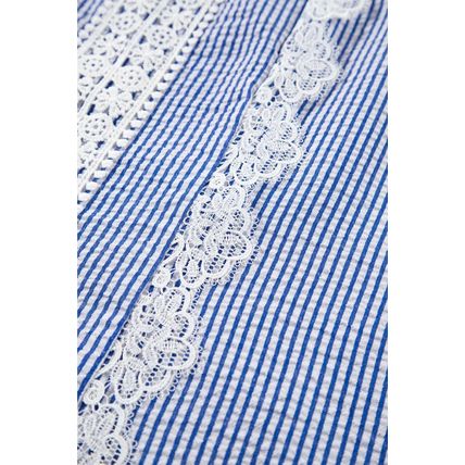 Sky Blue Stripe Lace Patchwork Crew Neck Tank Top