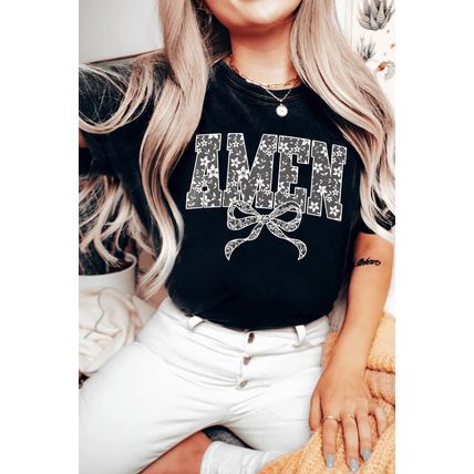 Black Floral AMEN Bow Printed T Shirt