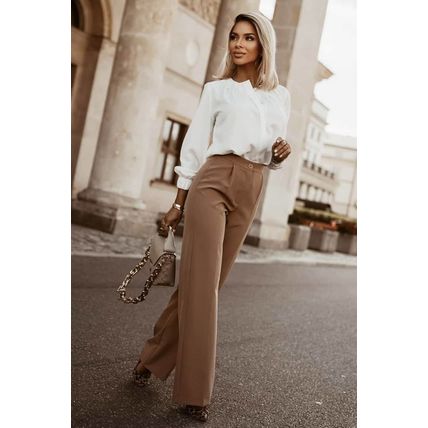 White Crew Neck Gathered Stretch Cuff Shirt