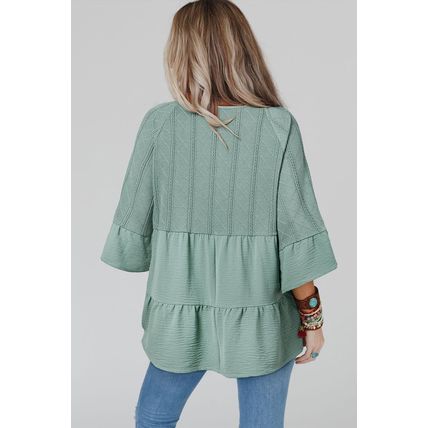 Laurel Green Tie Split Neck Textured Ruffle Patchwork Blouse