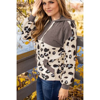 Leopard Print Color Block Pocketed Drawstring Hoodie