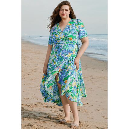 Green Leaves Print Short Sleeve Surplice Neck Ruffled Trim Plus Size Maxi Dress