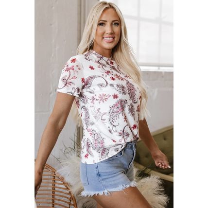 White Vintage Paisley Mock Neck T Shirt