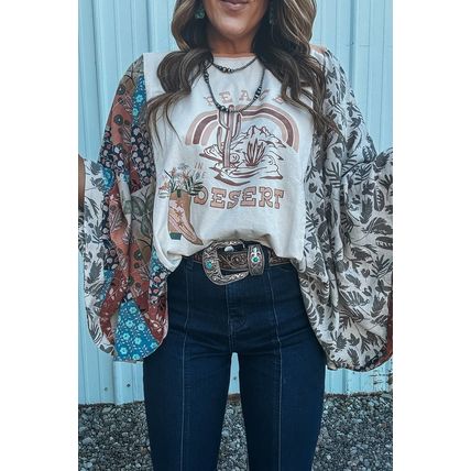 Multicolour Asymmetric Printed Patchwork Sleeve Peace Desert Graphic Top