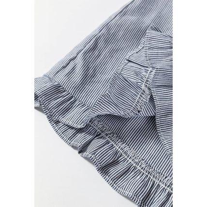 Blue Stripe Frilled Sleeveless Collar Front Pocket Button Up Mini Dress